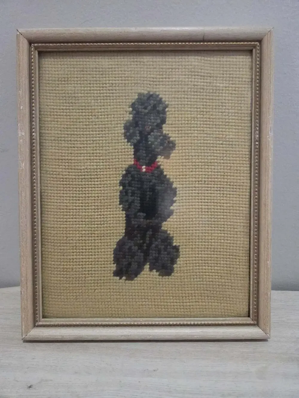 Vintage Hand-Stitched Needlepoint Black Poodle Art in Wooden Frame